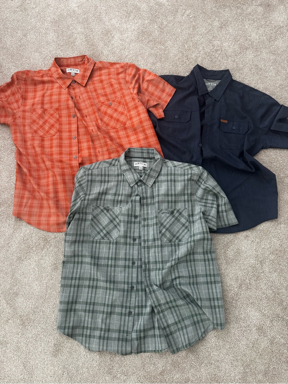 (3) Orvis Men’s Short-Sleeve Button-Down Shirts - Orange, Navy, Green Plaid